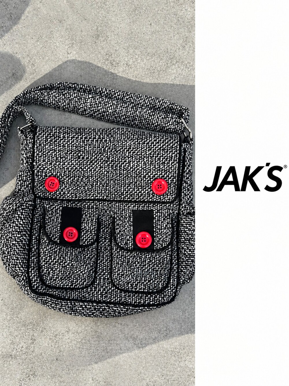 JAK'S Black White Tweed Crossbody Messenger Bag Red Buttons